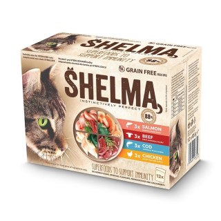 SHELMA SHELMA saszetka - pełnoporcjowa bezzbożowa karma dla dorosłych kotów. Z kurczakiem, wołowiną, łososiem, dorszem 12x 85 g