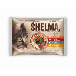 SHELMA SHELMA saszetka - pełnoporcjowa bezzbożowa karma dla dorosłych kotów. Z łososiem, dorszem, wołowiną i kurczakiem 4x85g