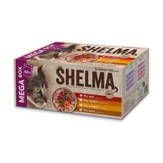 SHELMA SHELMA saszetki - pełnoporcjowa bezzbożowa karma dla dorosłych kotów. Z wołowiną, kaczką, kurczakiem i indykiem. 40x85g
