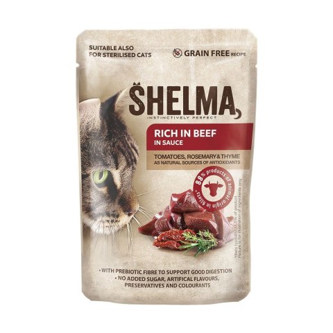 SHELMA SHELMA saszetki - pełnoporcjowa bezzbożowa karma dla dorosłych kotów. Z wołowiną, kaczką, kurczakiem i indykiem. 40x85g