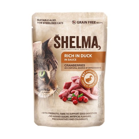 SHELMA SHELMA saszetki - pełnoporcjowa bezzbożowa karma dla dorosłych kotów. Z wołowiną, kaczką, kurczakiem i indykiem. 40x85g