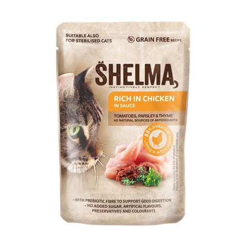 SHELMA SHELMA saszetki - pełnoporcjowa bezzbożowa karma dla dorosłych kotów. Z wołowiną, kaczką, kurczakiem i indykiem. 40x85g