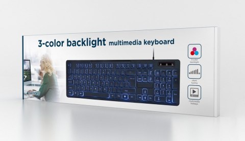 GEMBIRD GEMBIRD KLAWIATURA MULTIMEDIALNA Z TRÓJKOLOROWYM PODŚWIETLENIEM USB, US LAYOUT, CZARNA