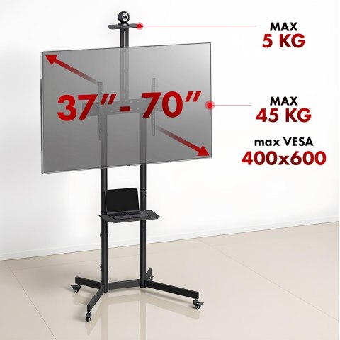 Maclean MACLEAN STAND / WÓZEK DO TV, PÓŁKA NA KAMERĘ, NA KÓŁKACH, 37-70", MAX. OBCIĄŻENIE 45KG/5KG PÓŁKA, MAX. VESA 600X400 MC-113 B Maclean MACLEAN STAND / WÓZEK DO TV, PÓŁKA NA KAMERĘ, NA KÓŁKACH, 37-70", MAX. OBCIĄŻENIE 45KG/5KG PÓŁKA, MAX. VESA 600X400 MC-113 B