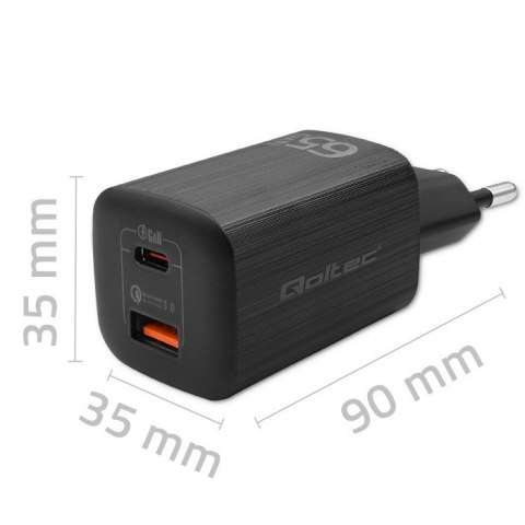 Qoltec QOLTEC ŁADOWARKA SIECIOWA 65W GAN ULTRA | 5-20V | 2.25-3.25A | 1 X USB TYP C PD | 1 X USB QC 3.0 | CZARNA Qoltec QOLTEC ŁADOWARKA SIECIOWA 65W GAN ULTRA | 5-20V | 2.25-3.25A | 1 X USB TYP C PD | 1 X USB QC 3.0 | CZARNA