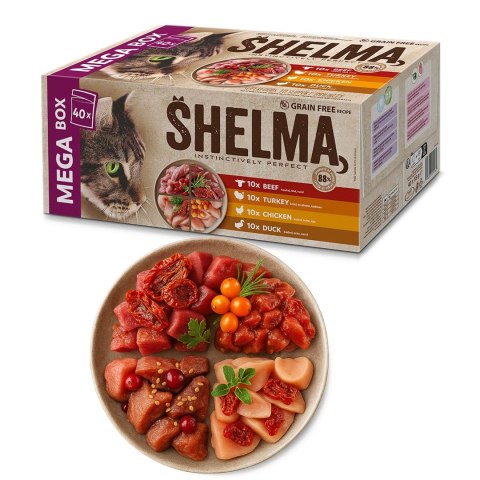 SHELMA SHELMA saszetki - pełnoporcjowa bezzbożowa karma dla dorosłych kotów. Z wołowiną, kaczką, kurczakiem i indykiem. 40x85g SHELMA SHELMA saszetki - pełnoporcjowa bezzbożowa karma dla dorosłych kotów. Z wołowiną, kaczką, kurczakiem i indykiem. 40x85g