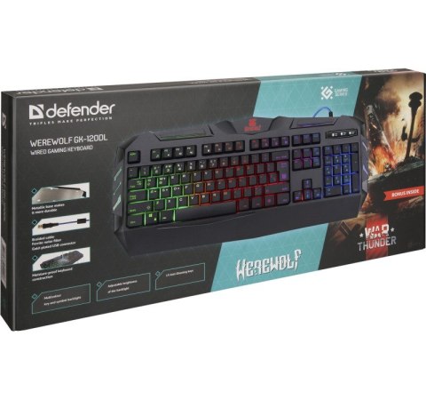 Defender DEFENDER KLAWIATURA GAMINGOWA MEMBRANOWA WEREWOLF GK-120DL PODŚWIETLENIE RGB 45124 Defender DEFENDER KLAWIATURA GAMINGOWA MEMBRANOWA WEREWOLF GK-120DL PODŚWIETLENIE RGB 45124
