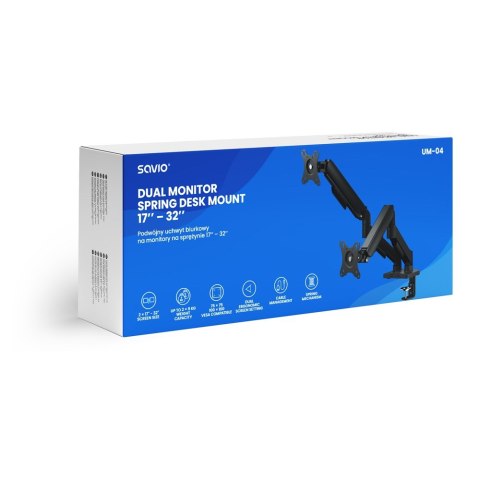 SAVIO SAVIO PODWÓJNY UCHWYT BIURKOWY NA MONITORY 17"-32" 2X 2-9 KG NA SPRĘŻYNIE UM-04 SAVIO SAVIO PODWÓJNY UCHWYT BIURKOWY NA MONITORY 17"-32" 2X 2-9 KG NA SPRĘŻYNIE UM-04
