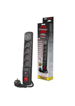 Acar Listwa przeciwprzepięciowa Acar F4 USB A+C (szybka ładowarka) 5m ; czarny