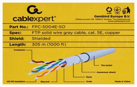 GEMBIRD Kabel sieciowy GEMBIRD FPC-5004E-SO (F/FTP; 305m; kat. 5e; kolor szary) GEMBIRD Kabel sieciowy GEMBIRD FPC-5004E-SO (F/FTP; 305m; kat. 5e; kolor szary)