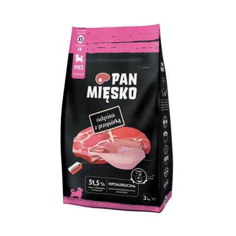 PAN MIĘSKO Pan Mięsko Cielęcina z przepiórką sucha karma dla psa chrupki XS 3kg