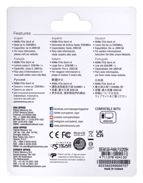 Patriot Memory SSD Patriot Viper P400 Lite M.2 PCI-Ex4 NVMe 1000GB Patriot Memory SSD Patriot Viper P400 Lite M.2 PCI-Ex4 NVMe 1000GB