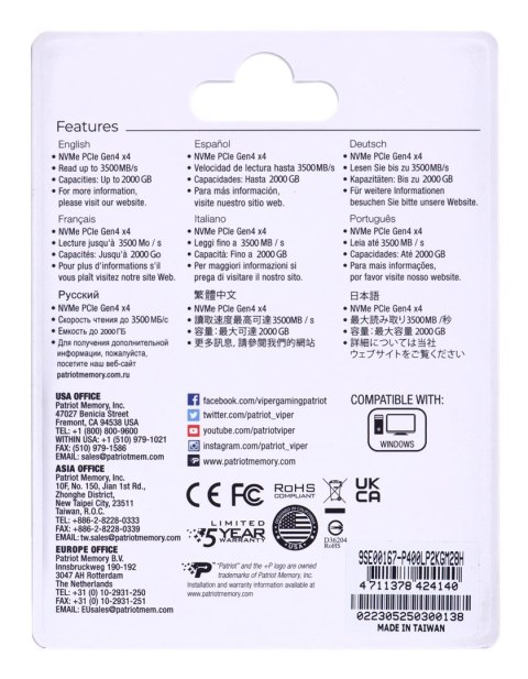 Patriot Memory SSD Patriot Viper P400 Lite M.2 PCI-Ex4 NVMe 2000GB Patriot Memory SSD Patriot Viper P400 Lite M.2 PCI-Ex4 NVMe 2000GB
