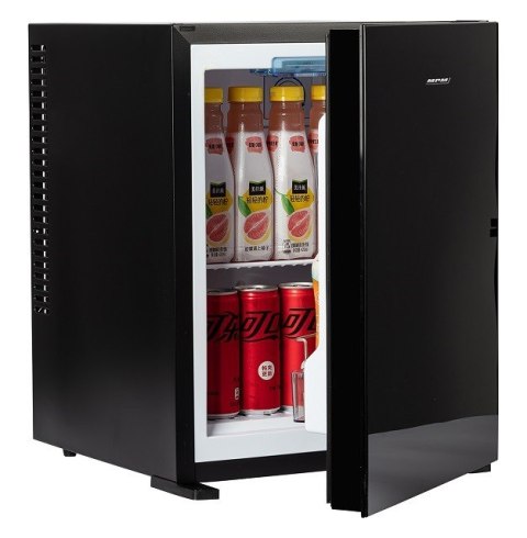 Bezszmerowy minibar termoelektryczny MPM-30-MBS-06/L z szklanym frontem czarny Bezszmerowy minibar termoelektryczny MPM-30-MBS-06/L z szklanym frontem czarny