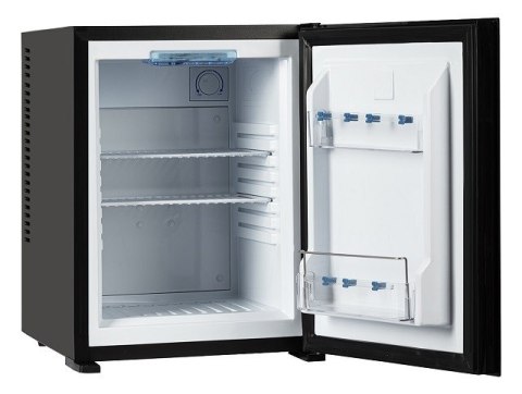 Bezszmerowy minibar termoelektryczny MPM-30-MBS-06/L z szklanym frontem czarny Bezszmerowy minibar termoelektryczny MPM-30-MBS-06/L z szklanym frontem czarny
