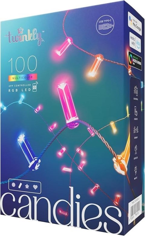 Twinkly Twinkly Candies - 100 Lampki w kształcie świeczki RGB LEDs, zielony przewód, USB-C Twinkly Twinkly Candies - 100 Lampki w kształcie świeczki RGB LEDs, zielony przewód, USB-C