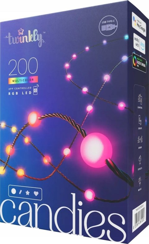 Twinkly Twinkly Candies - 200 Lampki w kształcie pereł RGB LEDs, zielony przewód, USB-C
