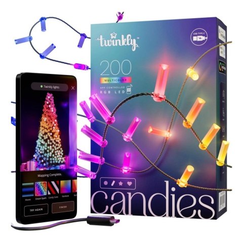 Twinkly Twinkly Candies - 200 Lampki w kształcie świeczki RGB LEDs, zielony przewód, USB-C