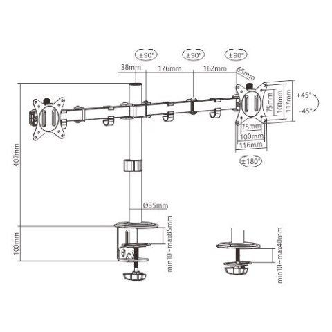 GEMBIRD GEMBIRD BIURKOWE REGULOWANE RAMIĘ/UCHWYT NA 2 MONITORY 17-32, 100X100MM, DO 9KG GEMBIRD GEMBIRD BIURKOWE REGULOWANE RAMIĘ/UCHWYT NA 2 MONITORY 17-32, 100X100MM, DO 9KG