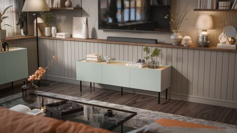 Cama MEBLE Szafka RTV FELLINI 150x40x52 oliwka + blat dąb olejowany