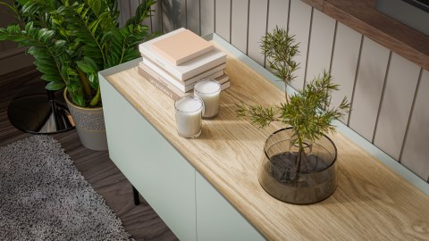 Cama MEBLE Szafka RTV FELLINI 150x40x52 oliwka + blat dąb olejowany