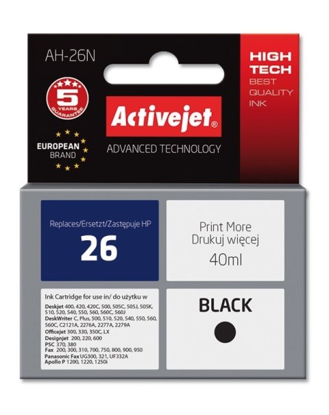 Activejet Activejet AH-26N Tusz (zamiennik HP 26 C51626A; Supreme; 40 ml; czarny) Activejet Activejet AH-26N Tusz (zamiennik HP 26 C51626A; Supreme; 40 ml; czarny)