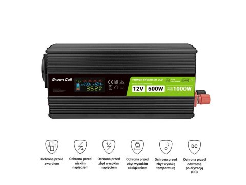 Green Cell GREEN CELL PRZETWORNICA LCD 12V/230V 500W/1000W CZYSTY SINUS INVGC12P500LCD