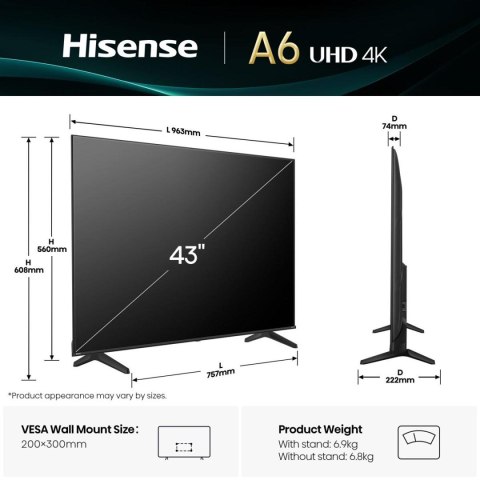 HISENSE Telewizor Hisense 43A6Q LED 43'' 4K Ultra HD VIDAA Dolby Vision DVB-T2 Czarny HISENSE Telewizor Hisense 43A6Q LED 43'' 4K Ultra HD VIDAA Dolby Vision DVB-T2 Czarny