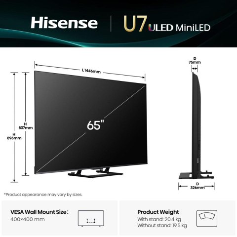 HISENSE Telewizor Hisense 65U7Q ULED 65'' 4K Ultra HD VIDAA Dolby Atmos DVB-T2 Czarny HISENSE Telewizor Hisense 65U7Q ULED 65'' 4K Ultra HD VIDAA Dolby Atmos DVB-T2 Czarny