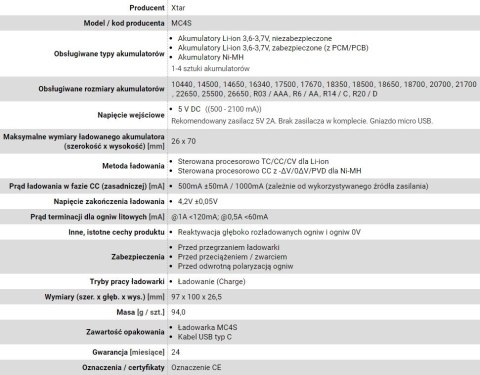 XTAR XTAR ŁADOWARKA DO AKUMULATORÓW CYLINDRYCZNYCH LI-ION MC4S