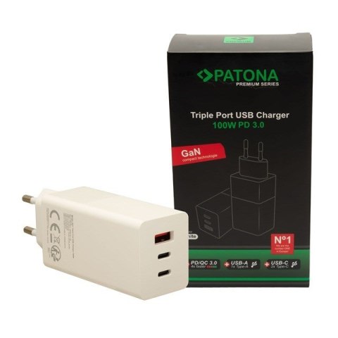 PATONA PATONA Premium Ładowarka GaN PD100W 2xUSB-C 1xUSB-A PD3.0 QC3.0 kolor biały PATONA PATONA Premium Ładowarka GaN PD100W 2xUSB-C 1xUSB-A PD3.0 QC3.0 kolor biały