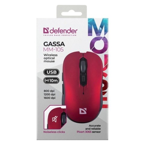Defender DEFENDER MYSZ BEZPRZEWODOWA GASSA MM-105 RF SILENT CLICK CZERWONA 52103 Defender DEFENDER MYSZ BEZPRZEWODOWA GASSA MM-105 RF SILENT CLICK CZERWONA 52103