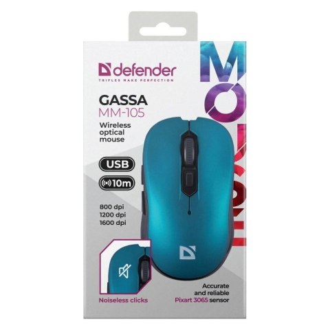 Defender DEFENDER MYSZ BEZPRZEWODOWA GASSA MM-105 RF SILENT CLICK NIEBIESKA 52102 Defender DEFENDER MYSZ BEZPRZEWODOWA GASSA MM-105 RF SILENT CLICK NIEBIESKA 52102