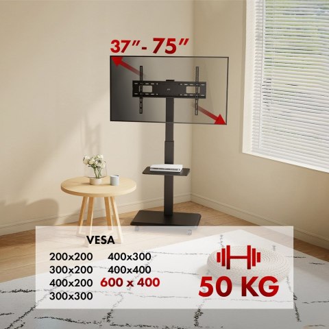 Ergo office ERGO OFFICE STAND / WÓZEK DLA TV, MAX. OBCIĄŻENIE 50KG / 5KG PÓŁKA, MAX. VESA 600X400, WBUD. LISTWA ZASIL., CZARNY ER-304 B Ergo office ERGO OFFICE STAND / WÓZEK DLA TV, MAX. OBCIĄŻENIE 50KG / 5KG PÓŁKA, MAX. VESA 600X400, WBUD. LISTWA ZASIL., CZARNY ER-304 B