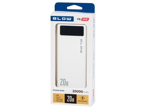 BLOW BLOW POWER BANK 20000MAH QC+PD 20W + LIGHTNING BIAŁY PB20E BLOW BLOW POWER BANK 20000MAH QC+PD 20W + LIGHTNING BIAŁY PB20E