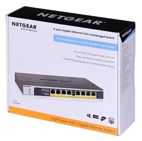 NETGEAR Switch Netgear GS108PP-100EUS 8p PoE 123W (PoE+: 8p) Unmanaged Gigabit