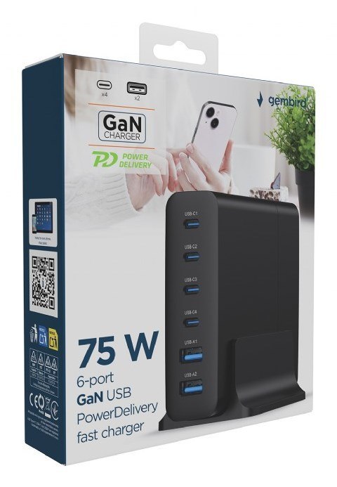GEMBIRD GEMBIRD 6-PORTOWA SZYBKA ŁADOWARKA SIECIOWA GAN (PD) 6XUSB (2X USB-A + 4X USB-C), 75W, CZARNA