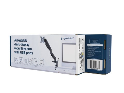 GEMBIRD GEMBIRD BIURKOWE REGULOWANE RAMIĘ/UCHWYT NA MONITOR Z PORTAMI USB (REGULOWANE), OD 17" DO 32", OBCIĄŻENIE DO 9KG