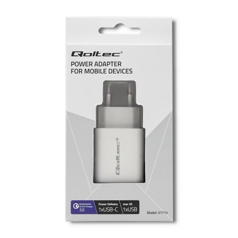 Qoltec QOLTEC ŁADOWARKA SIECIOWA 18W | 5-12V | 1.5-3A | USB TYP C PD | USB QC 3.0 | BIAŁA