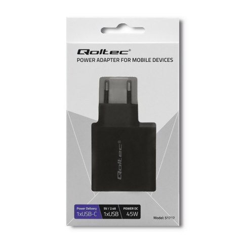 Qoltec QOLTEC ŁADOWARKA SIECIOWA 42W | 5-20V | 2.25-3A | USB TYP C PD | USB | CZARNA