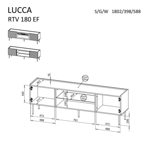 Cama MEBLE Szafka RTV LUCCA 180x40x59 biały + kominek czarny