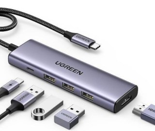 UGREEN Ugreen Wielofunkcyjny HUB 5w1 USB-C - HDMI 1.4 / 3 x USB-A / USB-C PD 100W CM511 - szary
