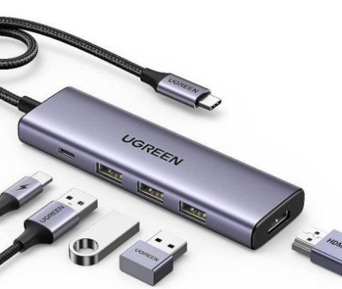 UGREEN Ugreen Wielofunkcyjny HUB 5w1 USB-C - HDMI 1.4 / 3 x USB-A / USB-C PD 100W CM511 - szary