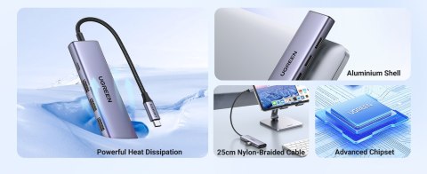 UGREEN Ugreen Wielofunkcyjny HUB 5w1 USB-C - HDMI 1.4 / 3 x USB-A / USB-C PD 100W CM511 - szary