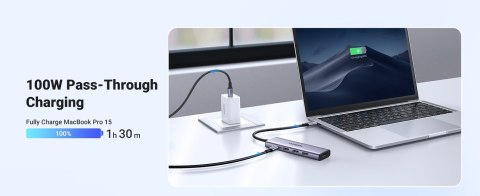 UGREEN Ugreen Wielofunkcyjny HUB 5w1 USB-C - HDMI 1.4 / 3 x USB-A / USB-C PD 100W CM511 - szary