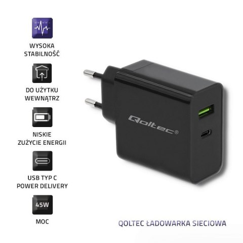 Qoltec QOLTEC ŁADOWARKA SIECIOWA 42W | 5-20V | 2.25-3A | USB TYP C PD | USB | CZARNA