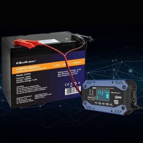 Qoltec QOLTEC ŁADOWARKA DO AKUMULATORA STD AGM GEL LIFEPO4 | PROSTOWNIK Z FUNKCJĄ NAPRAWY | 12-24V | 10A | LCD|9-STOPNIOWE ŁADOWANIE