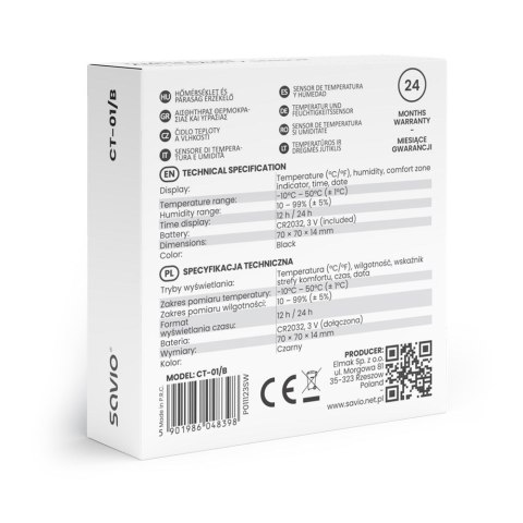 SAVIO SAVIO STACJA POGODY BEZPRZEWODOWA, CZUJNIK TEMPERATURY I WILGOTNOŚCI, LCD, DO UŻYTKU WEWNĘTRZNEGO, UCHWYT MAGNES SAVCT-01/B