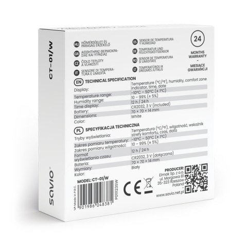 SAVIO SAVIO STACJA POGODY BEZPRZEWODOWA, CZUJNIK TEMPERATURY I WILGOTNOŚCI, LCD, DO UŻYTKU WEWNĘTRZNEGO, UCHWYT MAGNES SAVCT-01/W