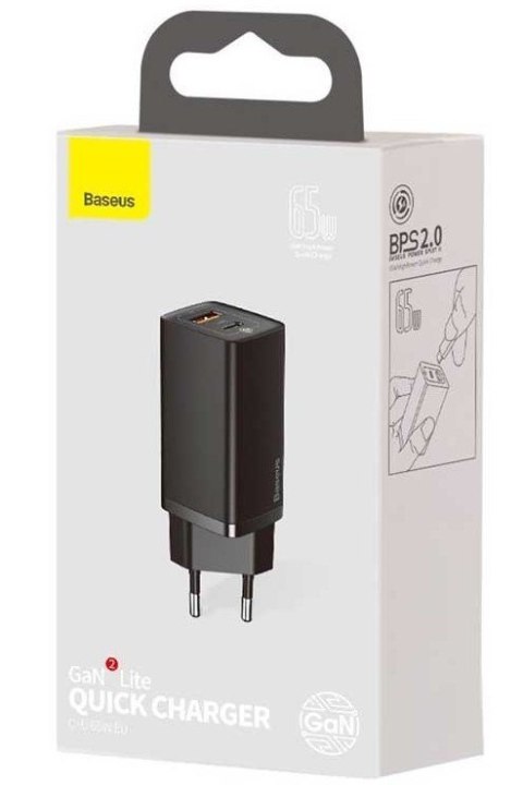 Baseus Ładowarka sieciowa Baseus GaN2 Lite, USB + USB-C, 65W, EU (czarna)